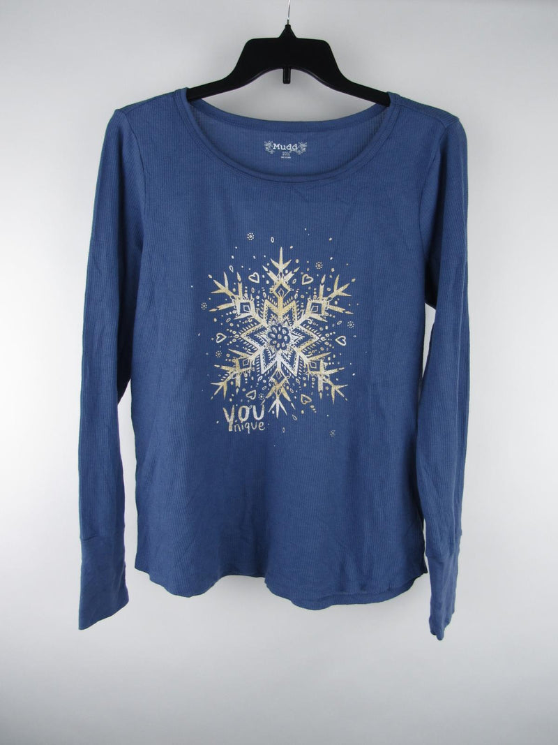Mudd Girl's sz 20 1/2 Blue Cotton Blend Graphic Thermal Crew Neck Shirt Top